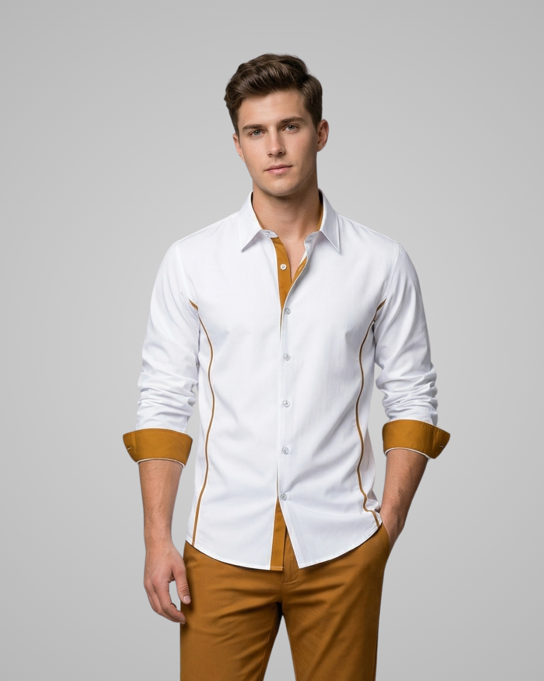 Man wearing a white shirt with brown accents and brown pants on a gray background