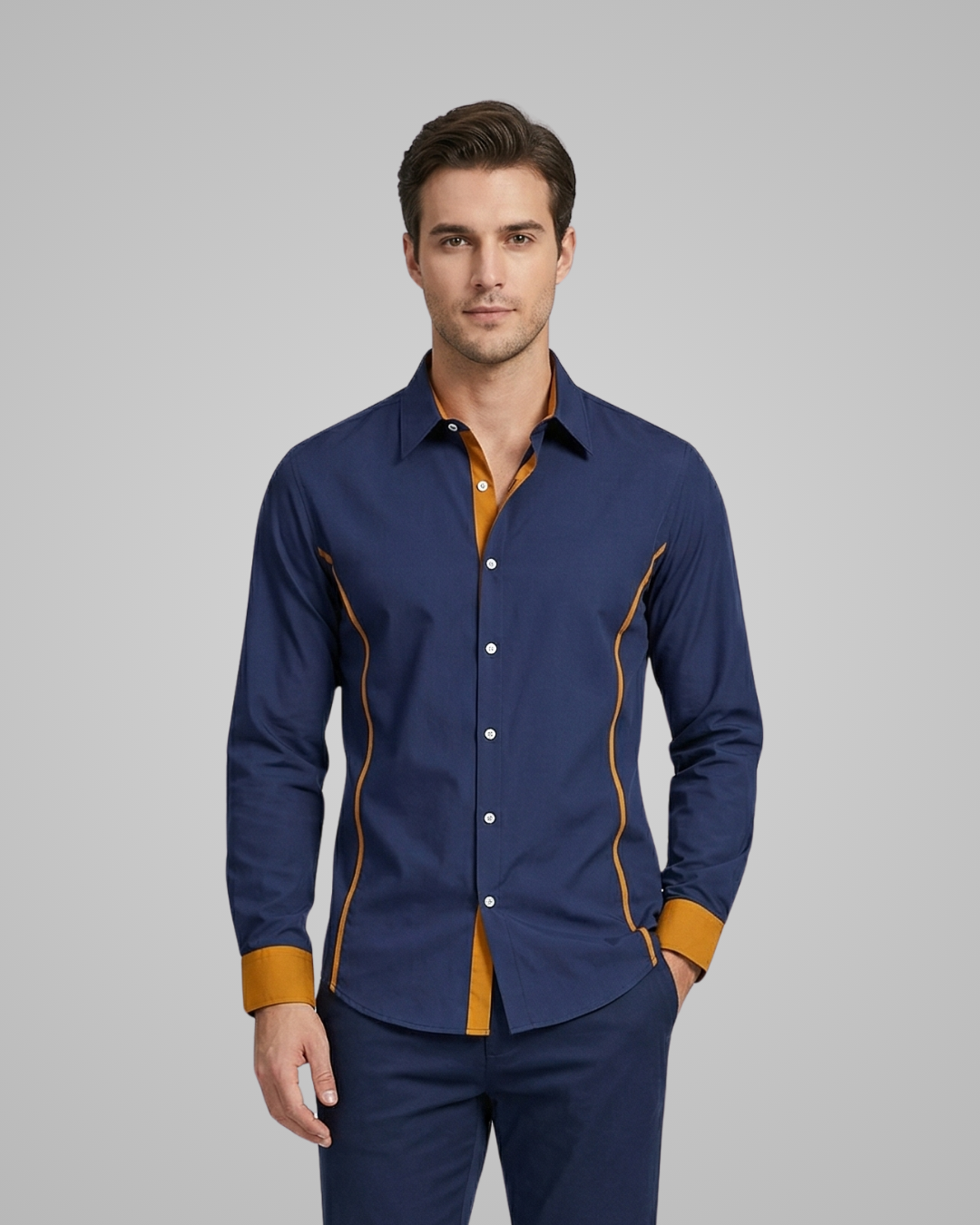 Man wearing a blue shirt with orange accents on a gray background