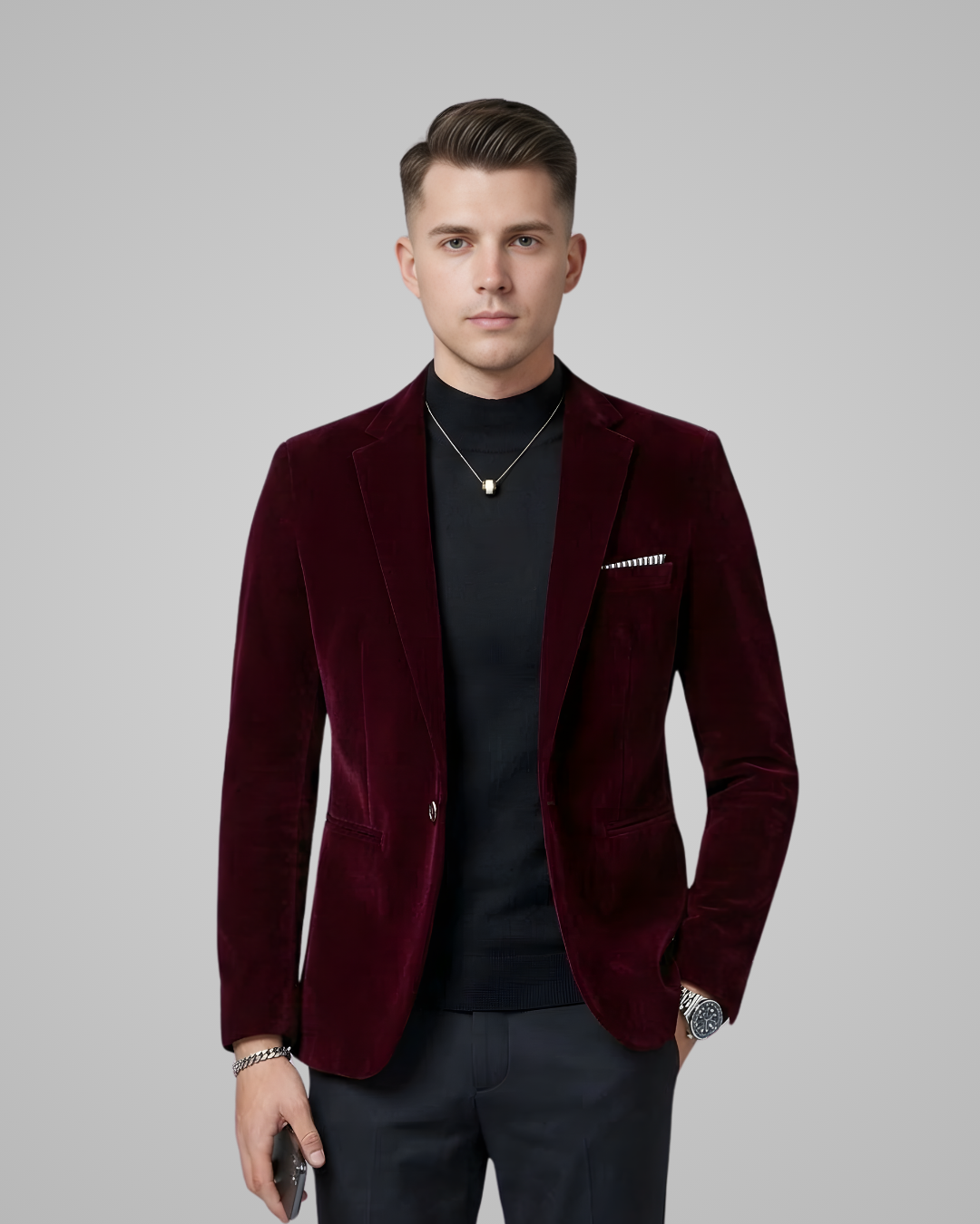 Man wearing a burgundy velvet blazer over a black shirt on a gray background
