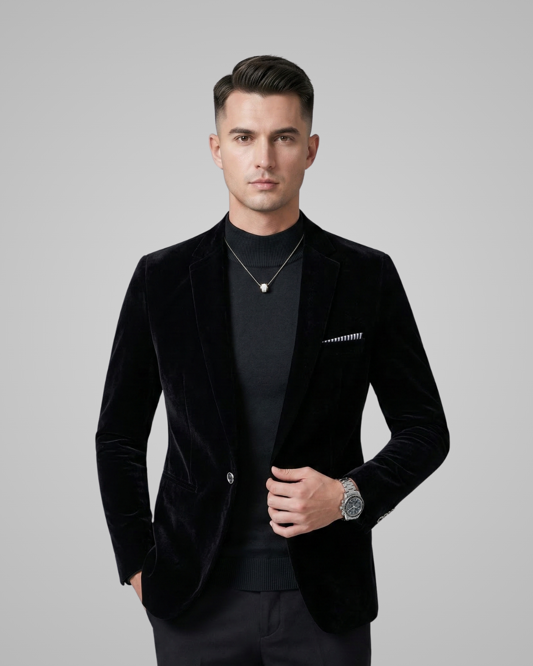 Man wearing a black velvet blazer over a black shirt on a gray background