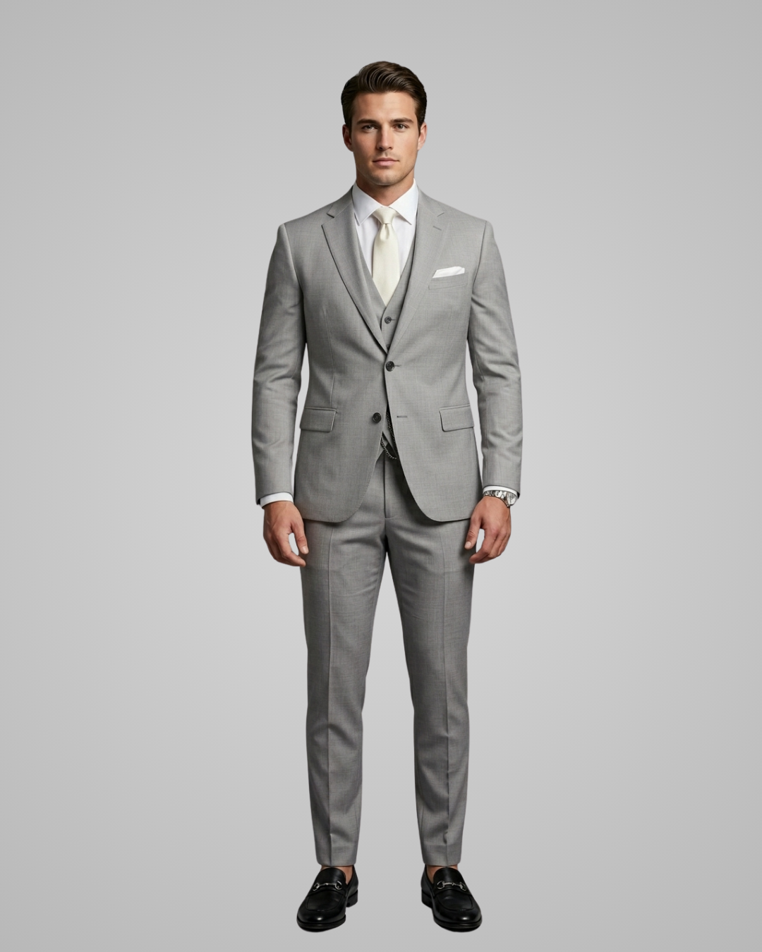 Man wearing a gray suit with a white shirt and tie on a gray background