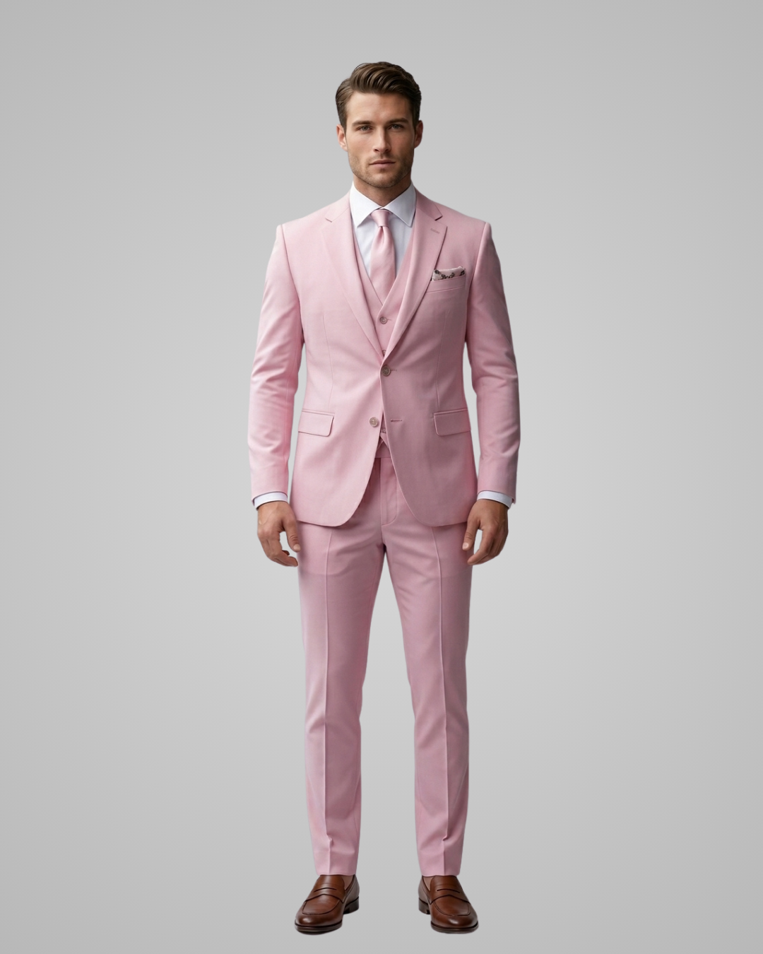 Man wearing a light pink suit with a white shirt on a gray background