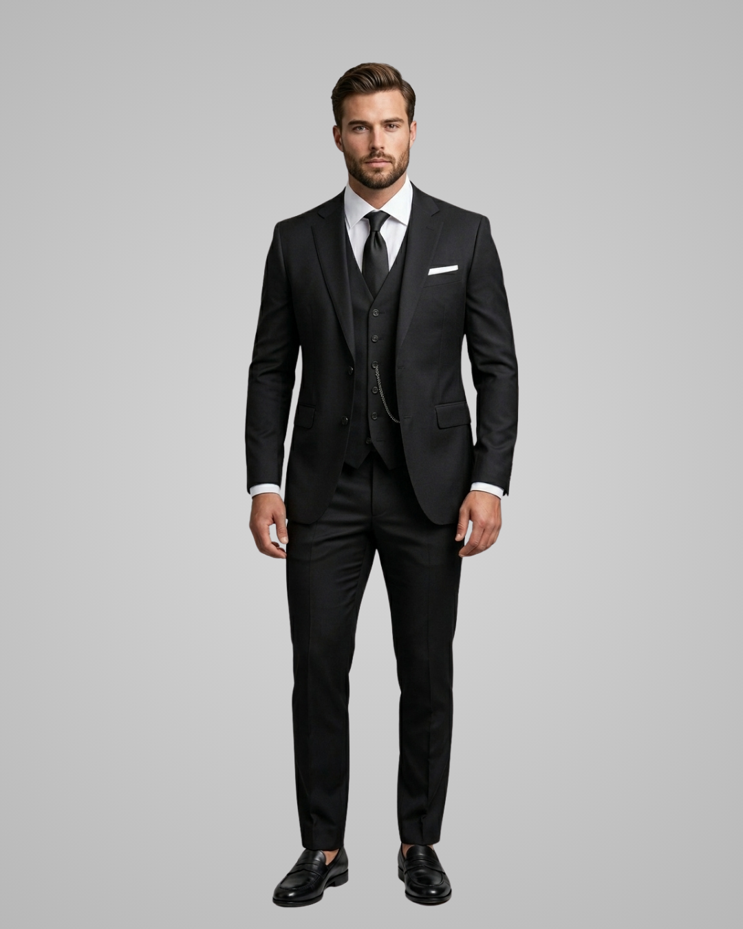 Man wearing a black suit with a white shirt and black shoes on a gray background