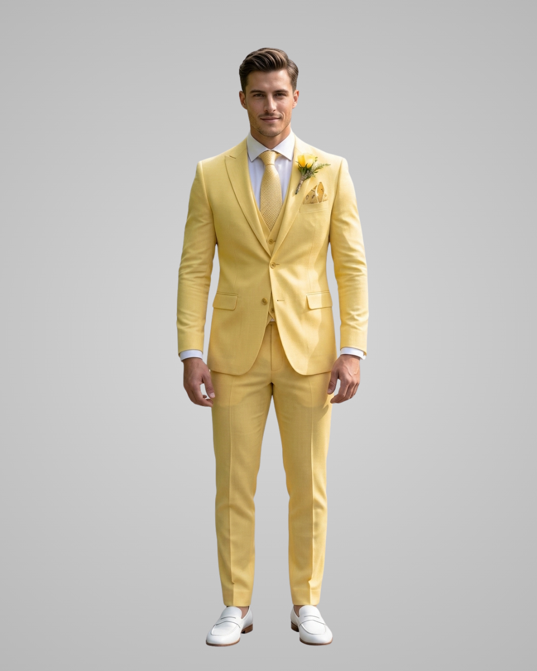 Man wearing a bright yellow suit with a white shirt and white shoes on a gray background
