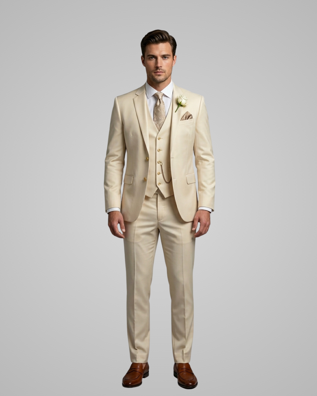 Man wearing a beige suit with a white shirt and brown shoes on a gray background