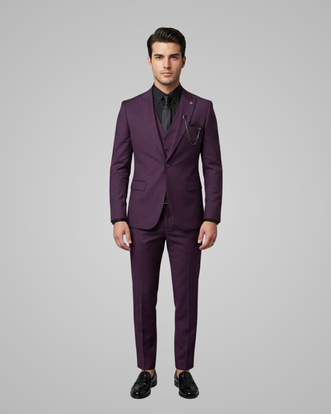 Man wearing a purple suit on a gray background
