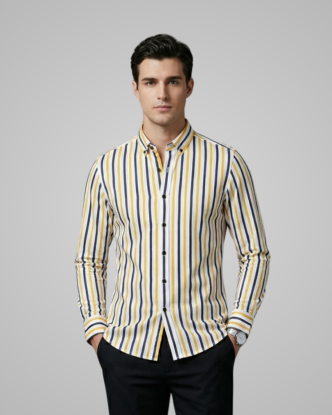 Man wearing a striped shirt with a gray background