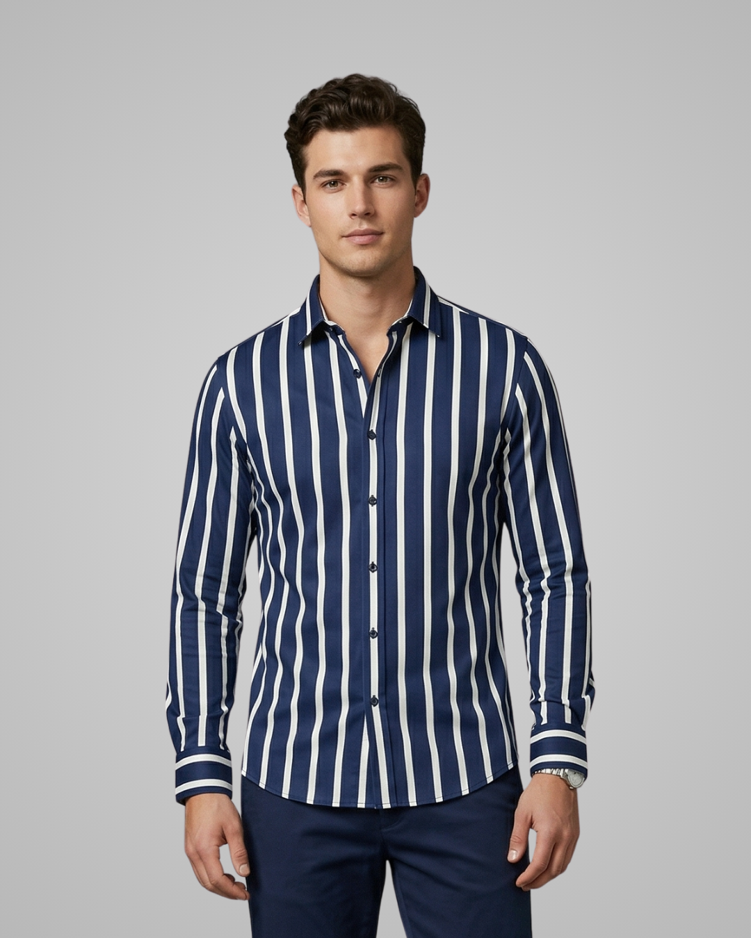Man wearing a navy and white striped shirt against a gray background