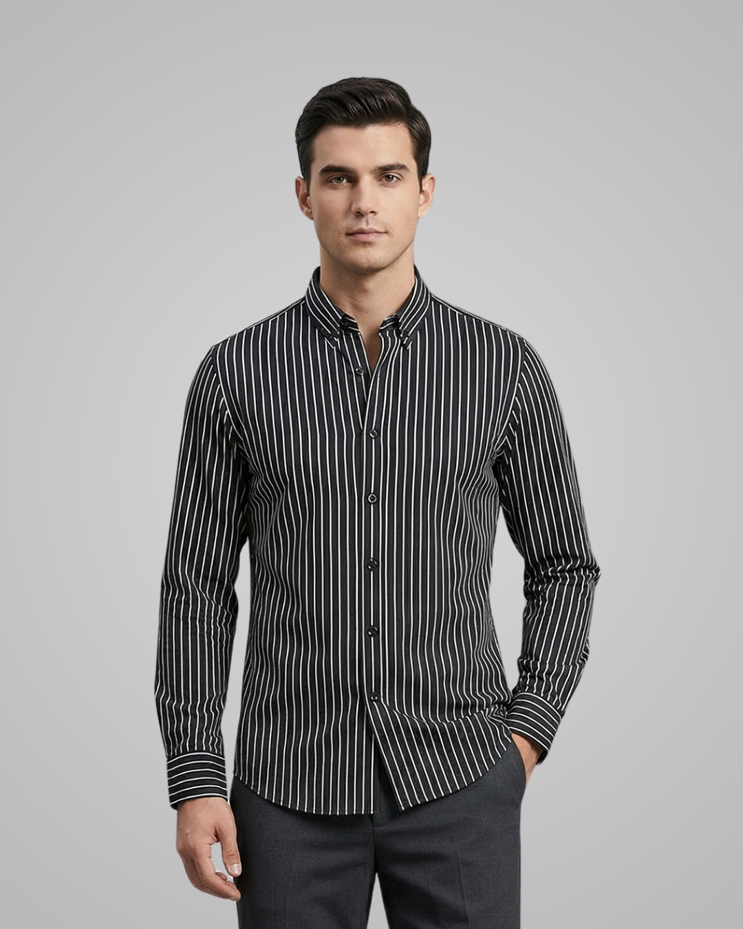 Man wearing a black and white striped shirt against a gray background