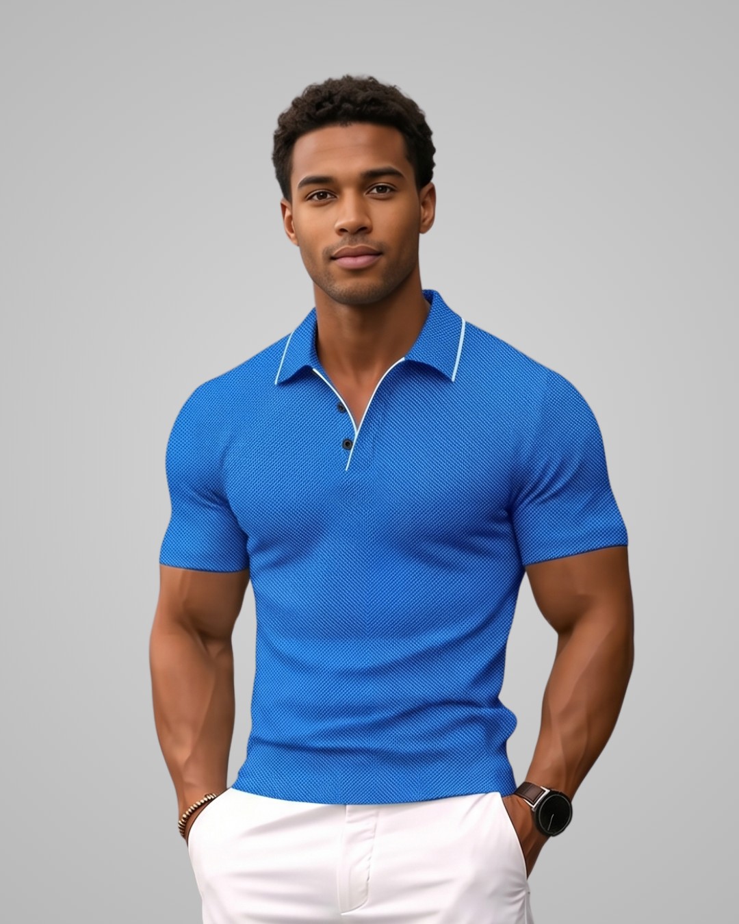 Man wearing a blue polo shirt against a gray background