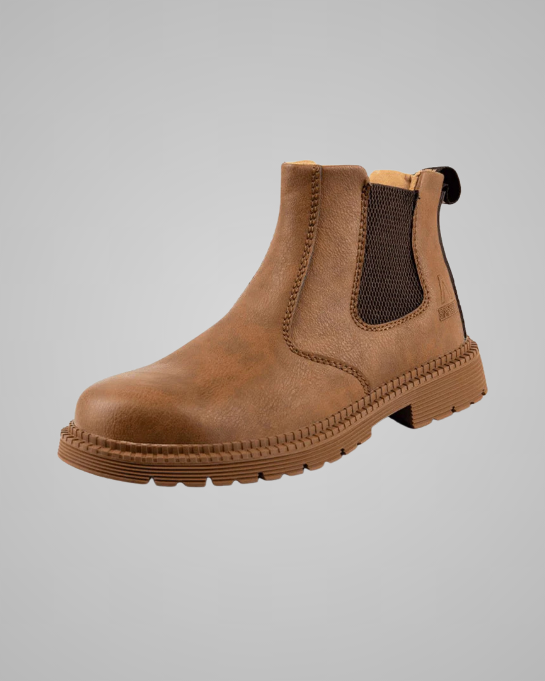 A single brown leather ankle boot with dark brown elastic side panels and a chunky lug sole, shown against a solid light gray background.