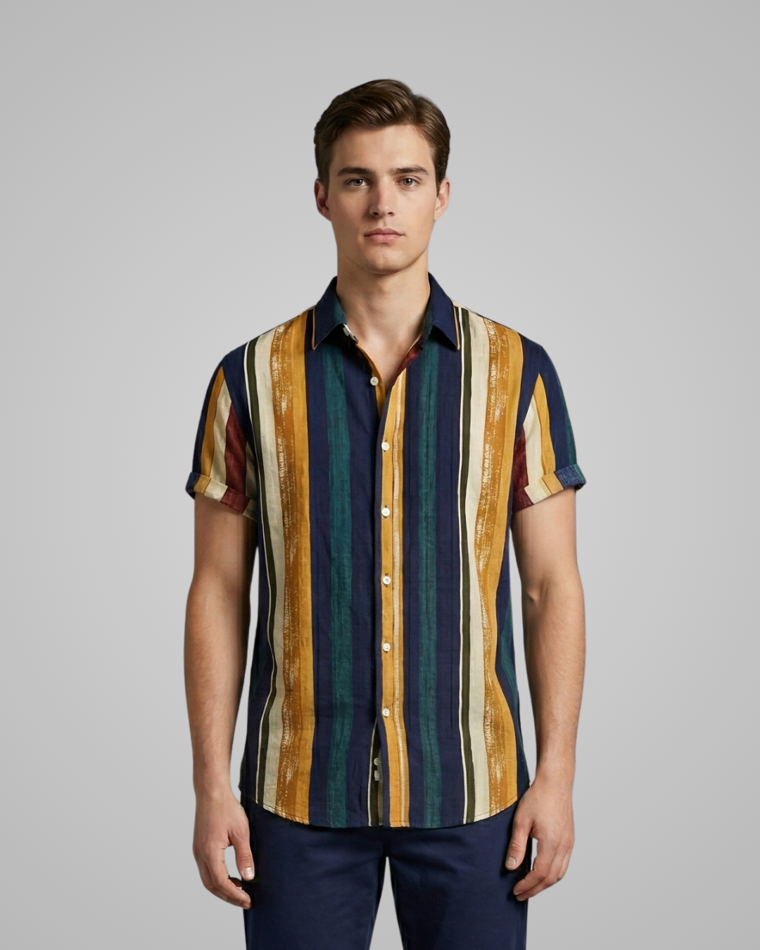 Man wearing a colorful striped shirt against a gray background