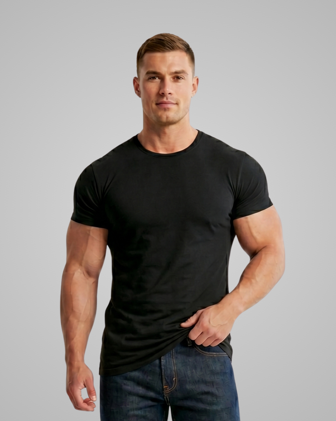 Man wearing a black t-shirt and blue jeans against a gray background