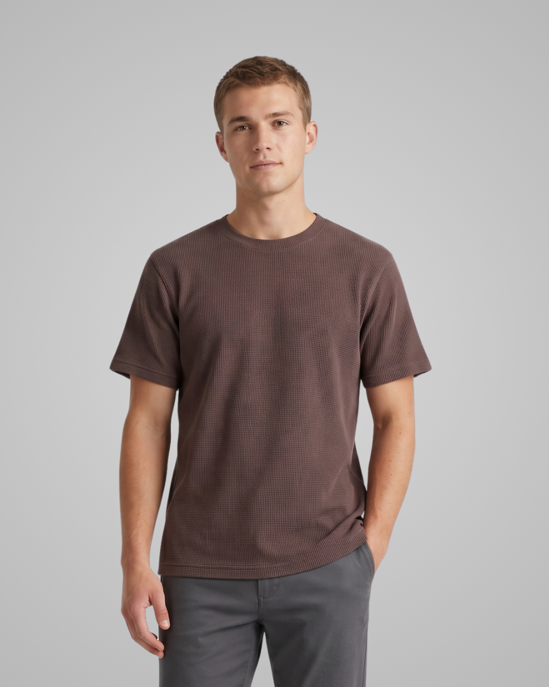 Man wearing a brown t-shirt and gray pants on a gray background
