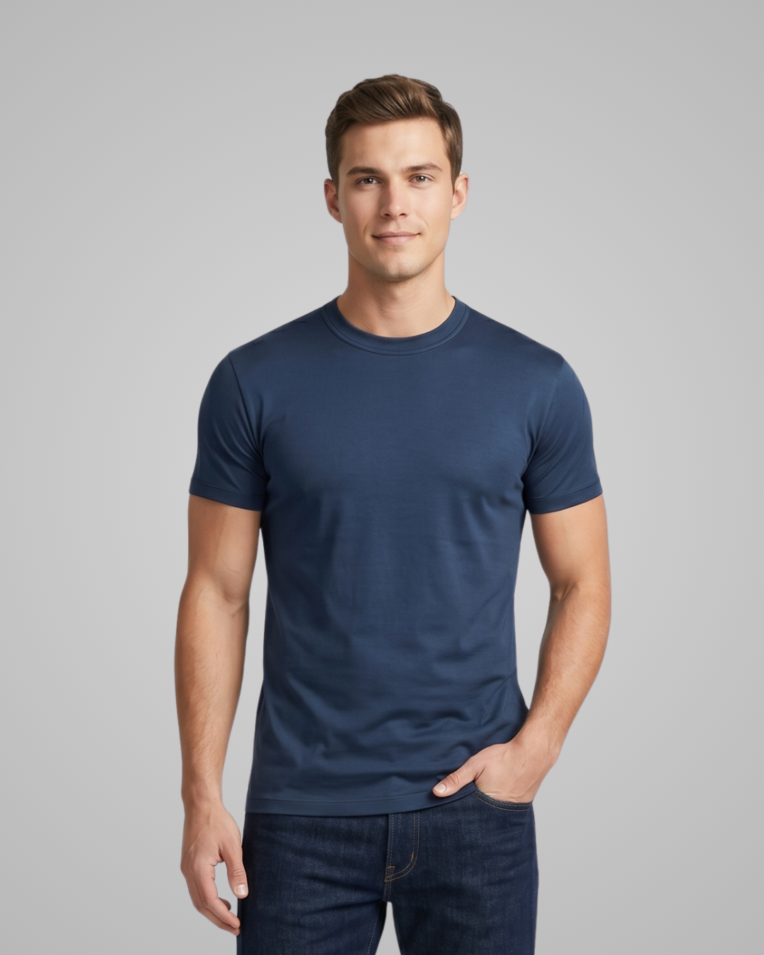 Man wearing a navy blue t-shirt against a gray background