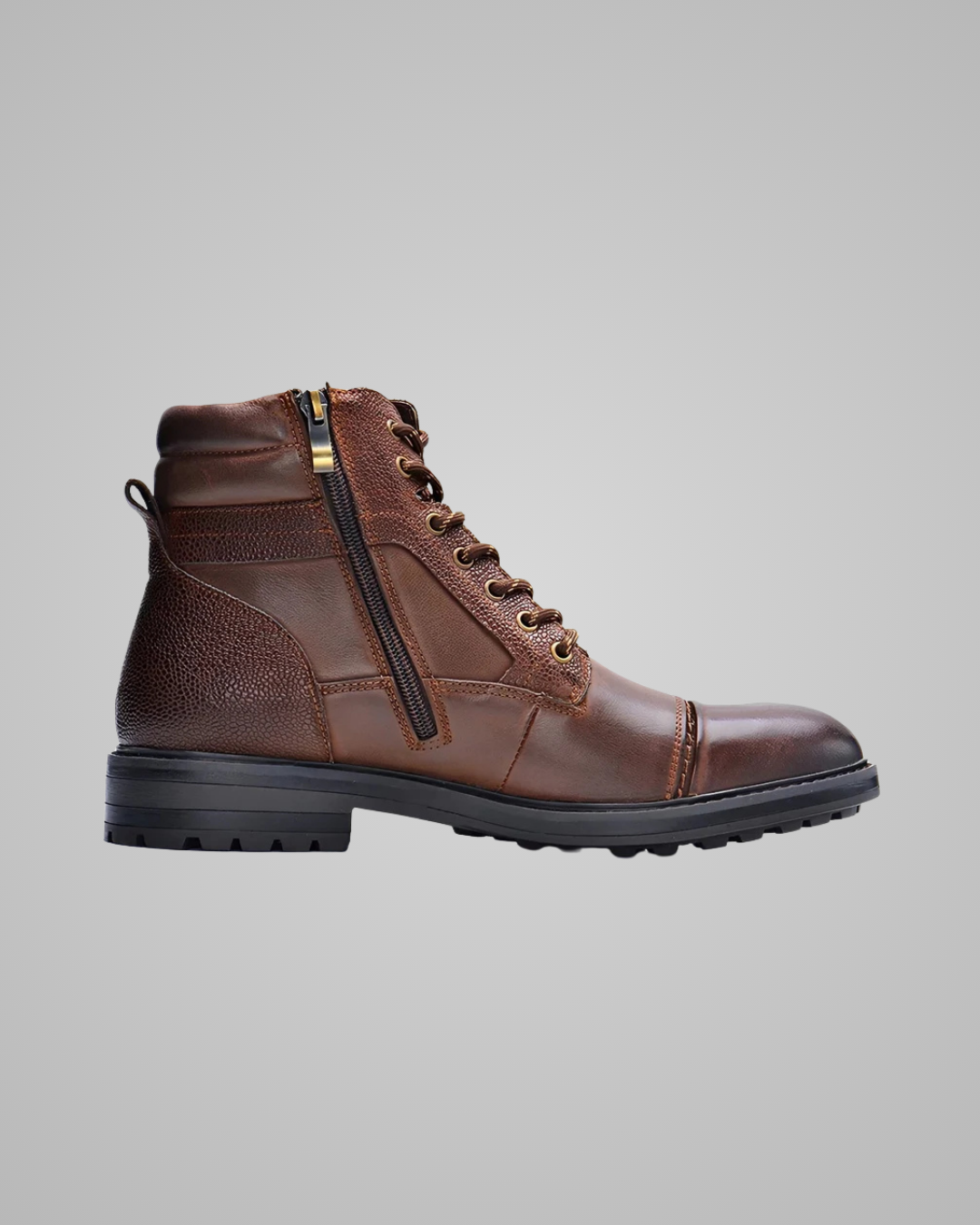 A brown leather lace-up ankle boot with a side zipper, shown in profile against a solid gray background.