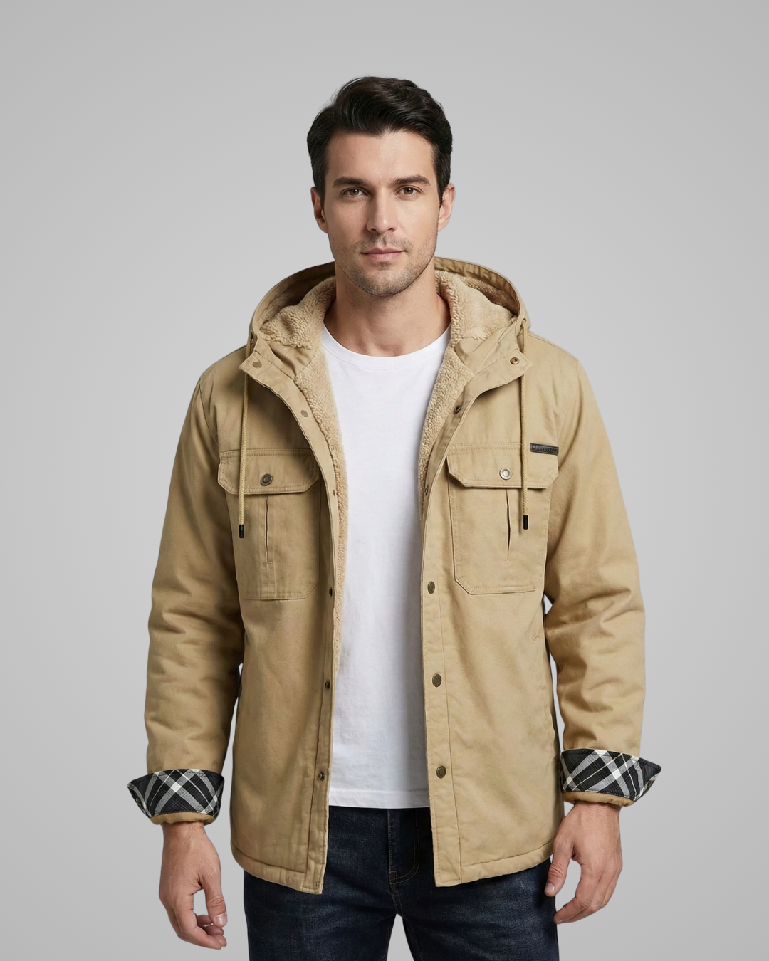 Man wearing a beige jacket with plaid cuffs on a gray background