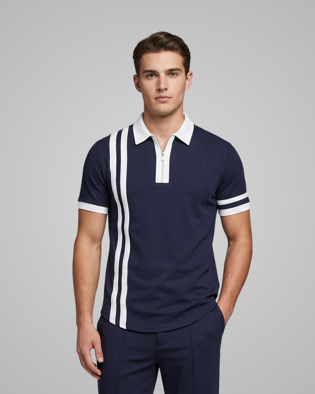 Man wearing a navy polo shirt with white accents on a gray background