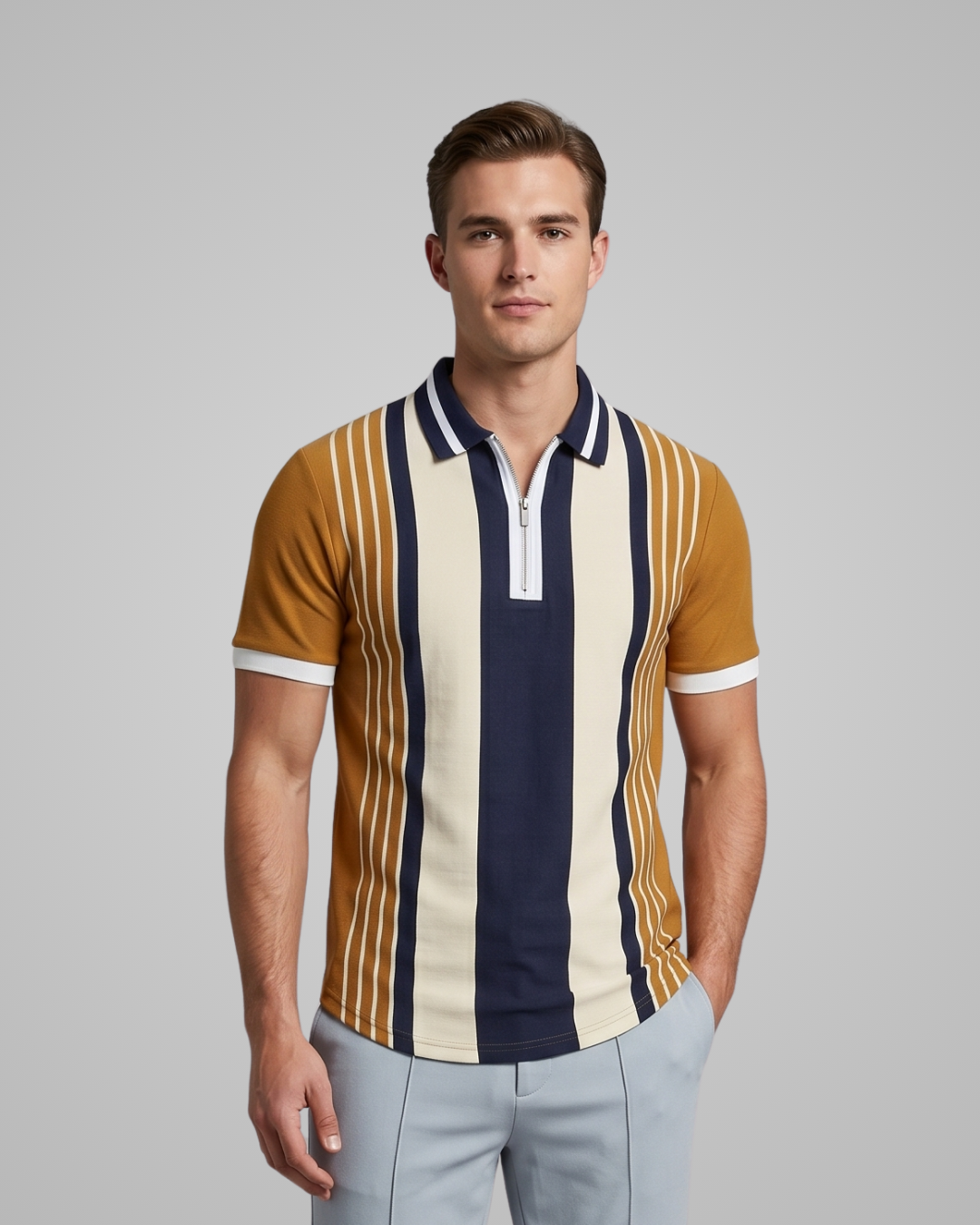 Man wearing a striped polo shirt with a neutral background