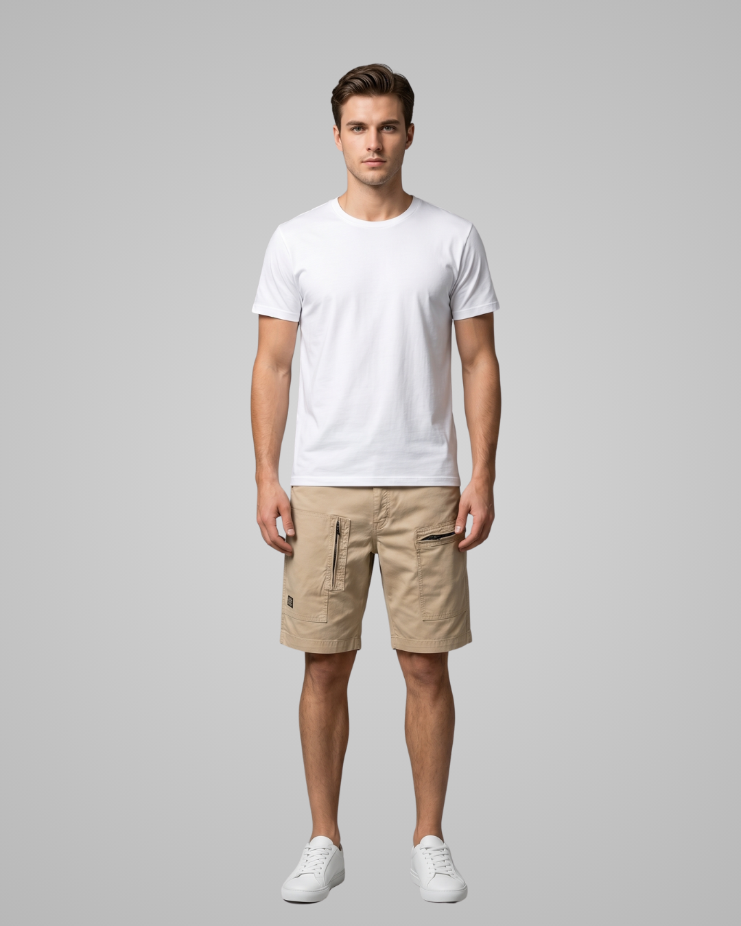 Man wearing a white t-shirt and beige cargo shorts on a gray background