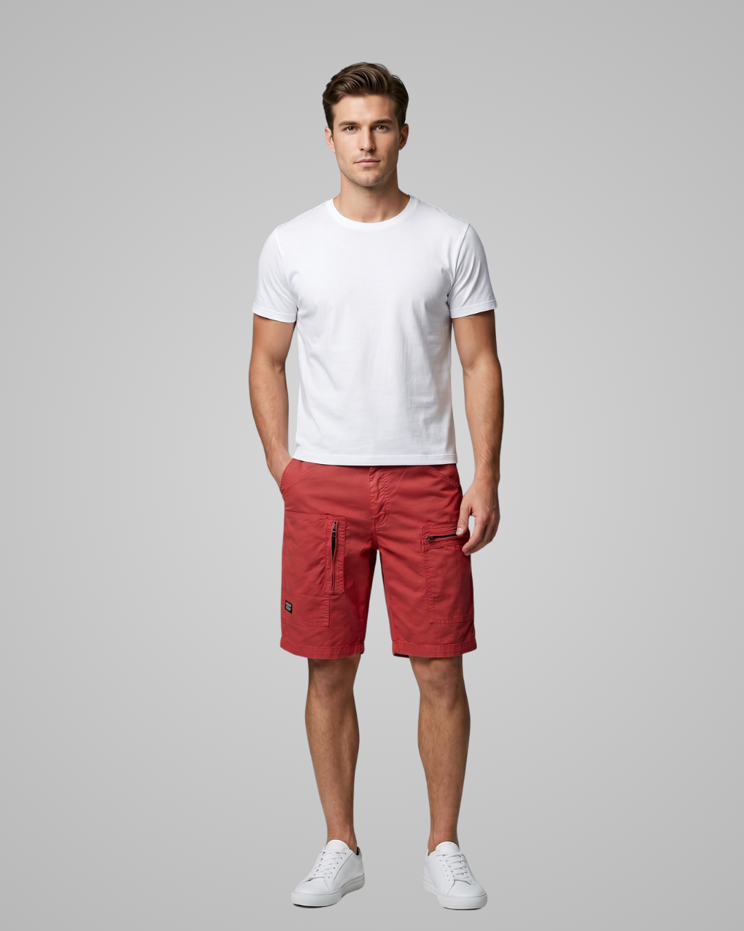 Man wearing a white t-shirt and red shorts on a gray background