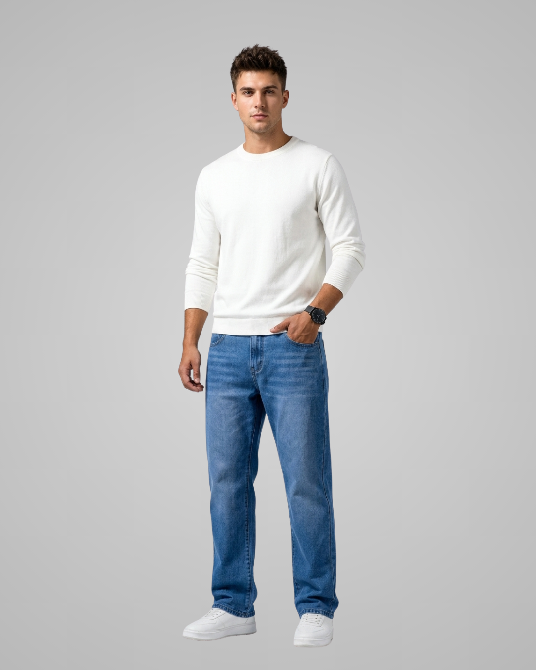 Man wearing a white sweater and blue jeans on a gray background