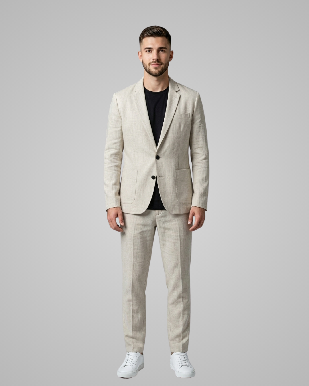 Man wearing a beige suit with white sneakers on a gray background