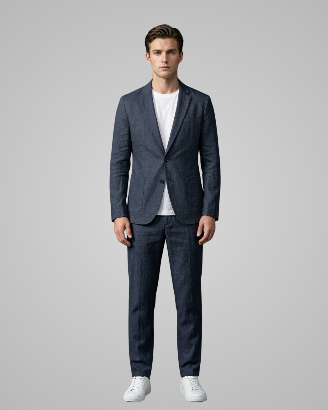 Man wearing a blue suit with a white shirt on a gray background