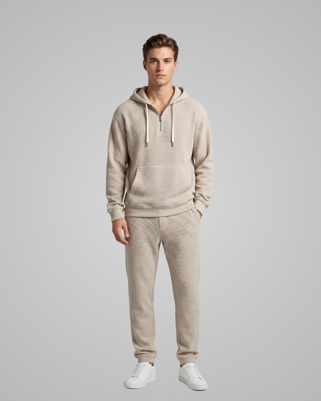 Men’s Textured Waffle Tracksuit Set in Khaki