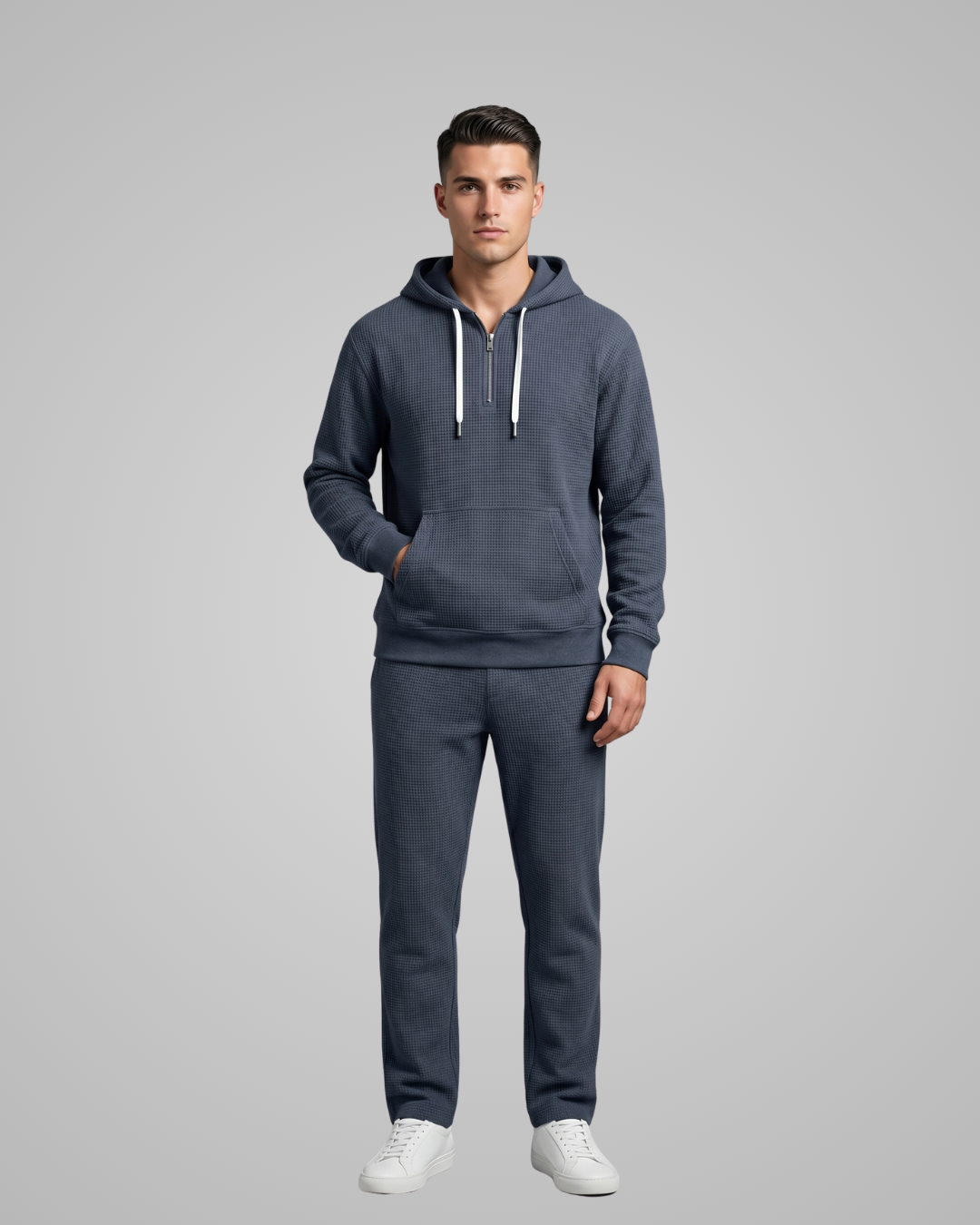Men’s Textured Waffle Tracksuit Set in Dark Blue