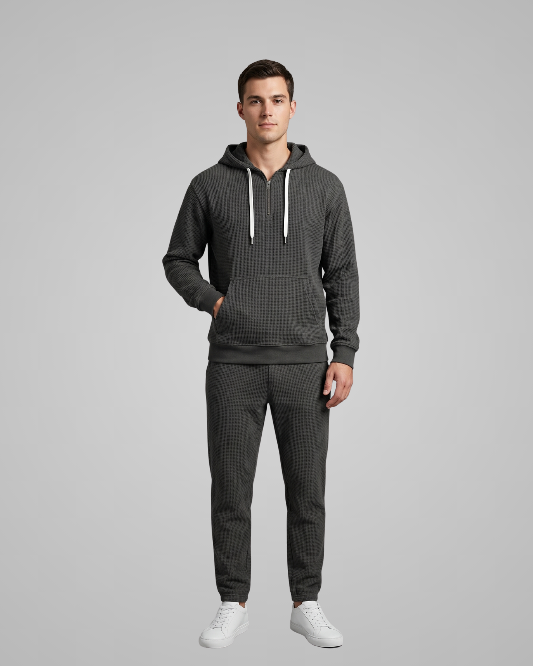 Men’s Textured Waffle Tracksuit Set in Black