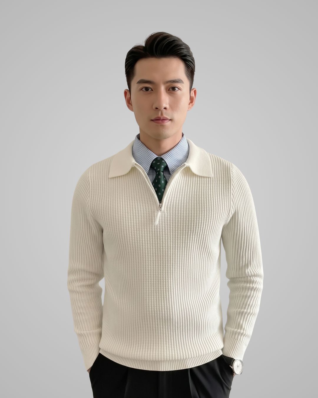 Man wearing a cream sweater over a patterned shirt on a gray background
