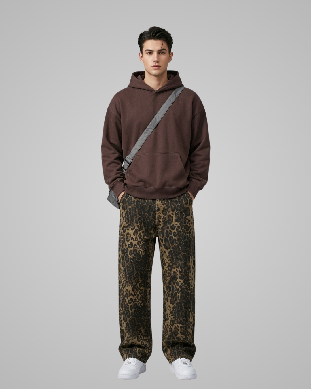 Man wearing a brown hoodie and leopard print pants on a gray background