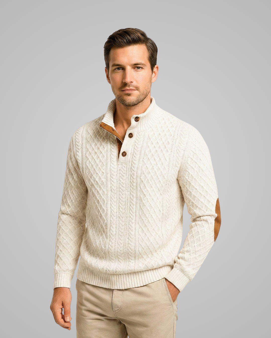 Man wearing a cream-colored cable knit sweater with brown buttons on a gray background
