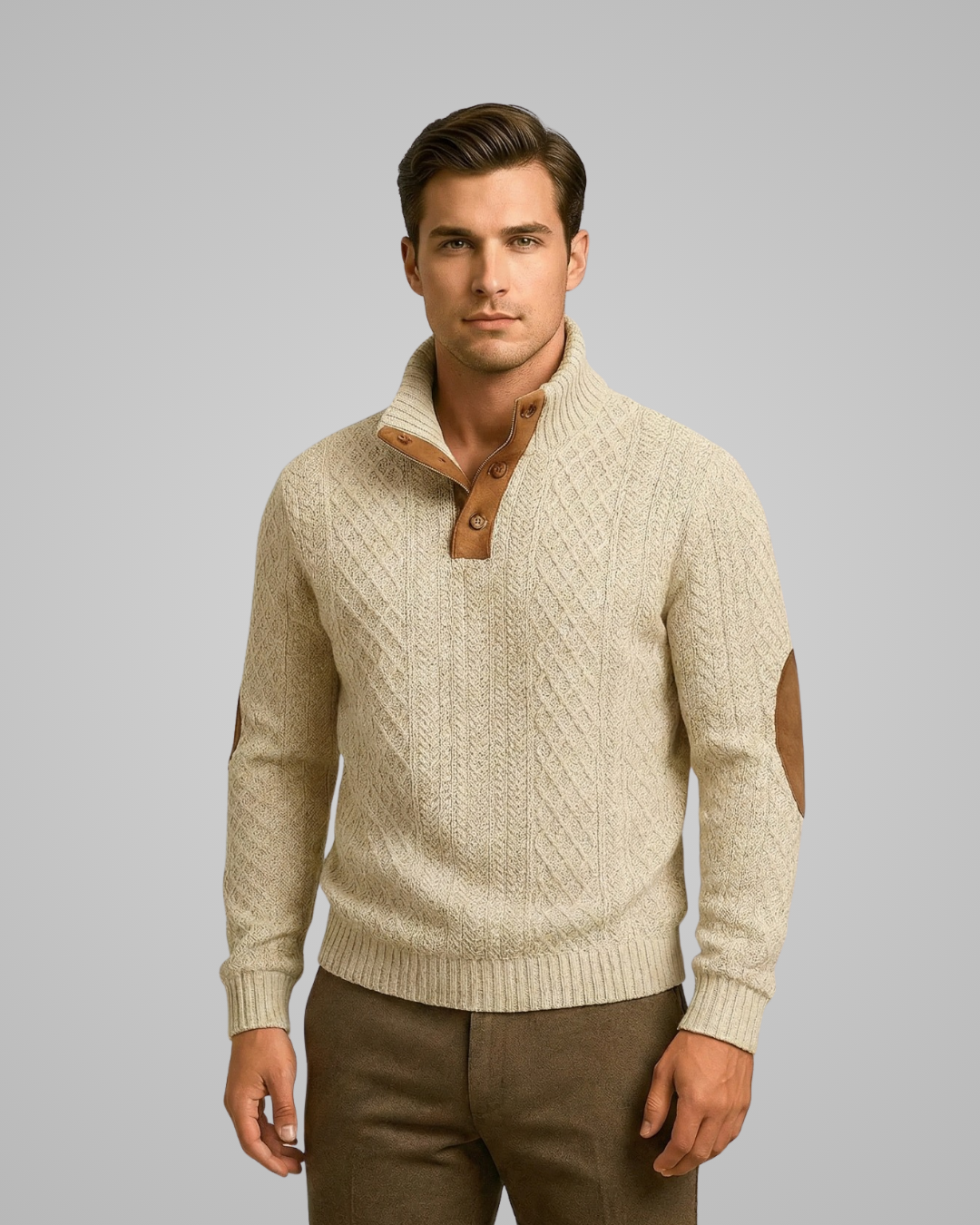 Man wearing a beige cable knit sweater with brown buttons on a gray background