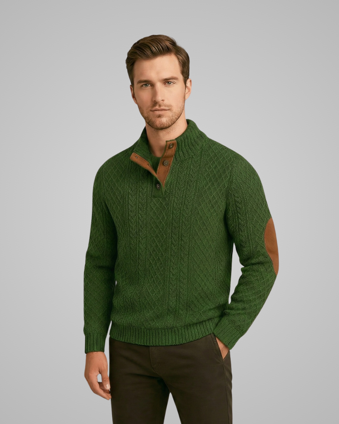 Man wearing a green sweater with brown accents on a gray background
