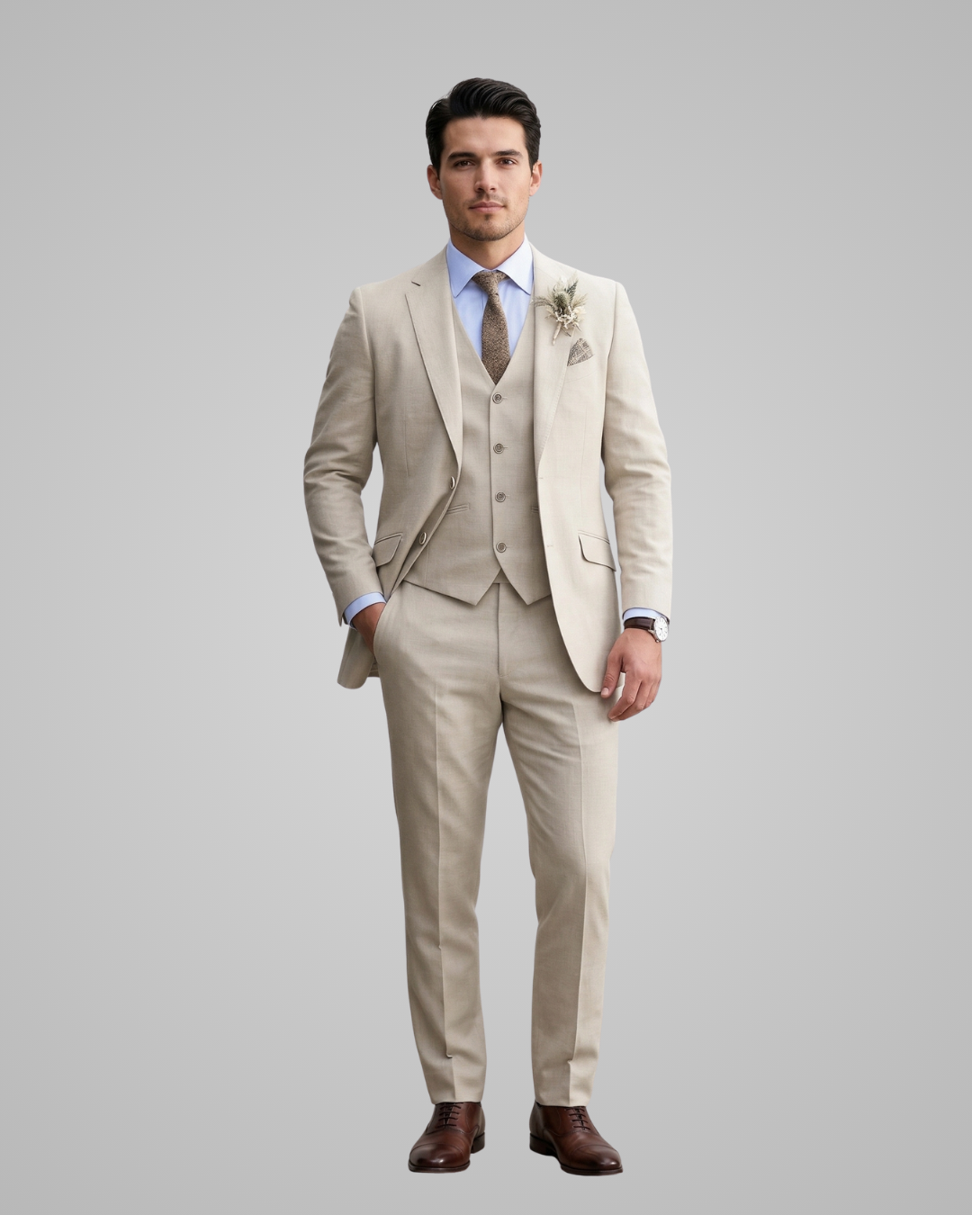 Man wearing a beige suit with a gray background