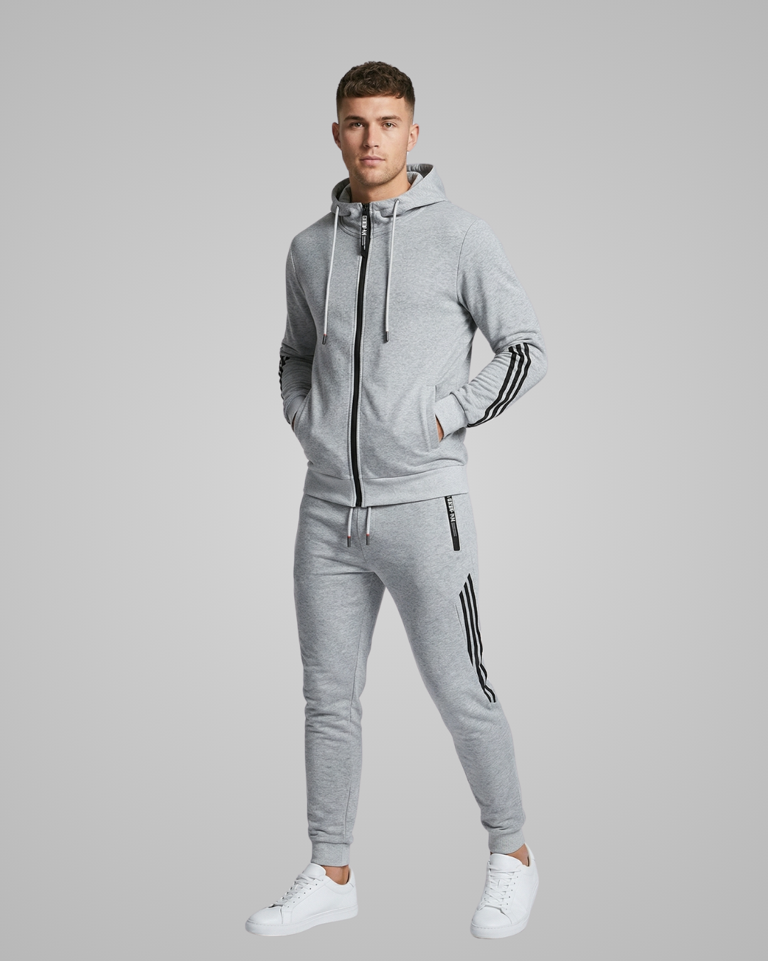 Man wearing a gray tracksuit with white sneakers on a gray background