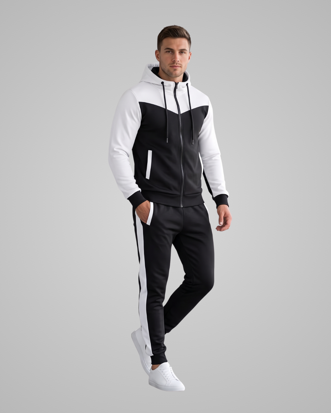 A man modeling a black and white color-blocked zip-up hoodie and matching track pants with white sneakers, set against a solid gray studio background.
