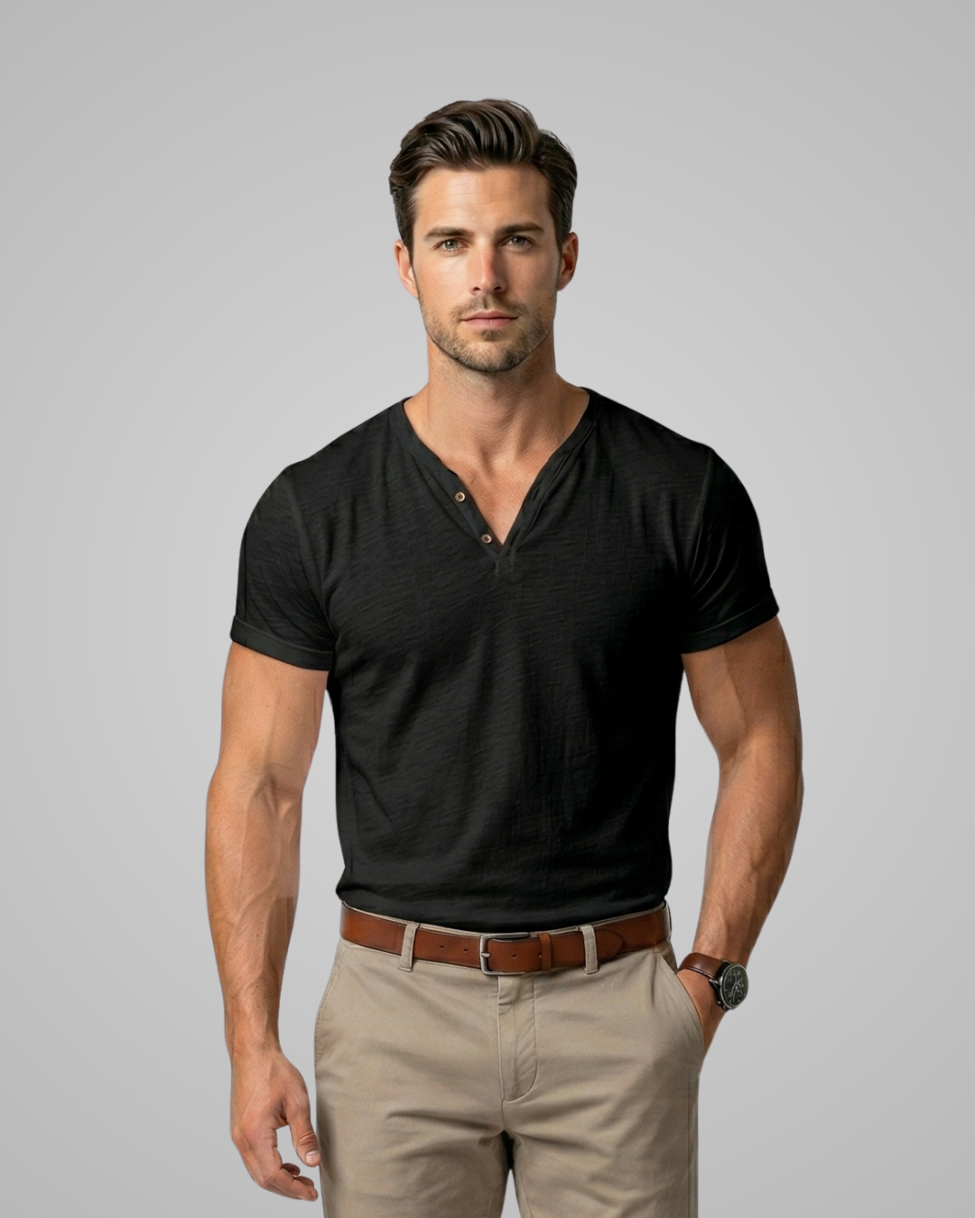 Man wearing a black V-neck shirt and beige pants on a gray background