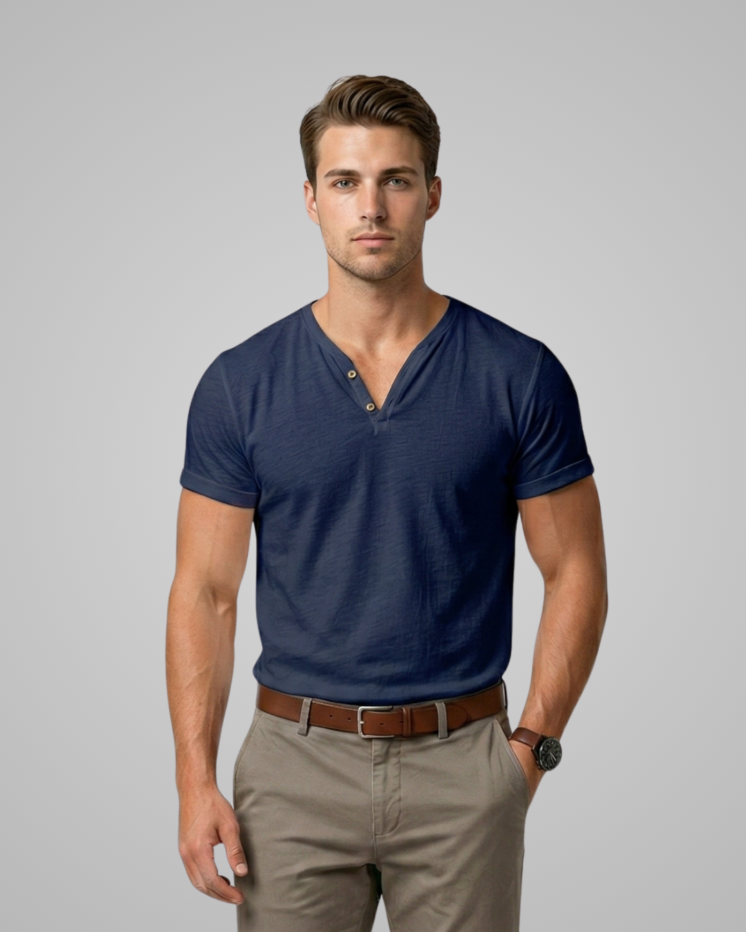 Man wearing a blue V-neck shirt and beige pants on a gray background