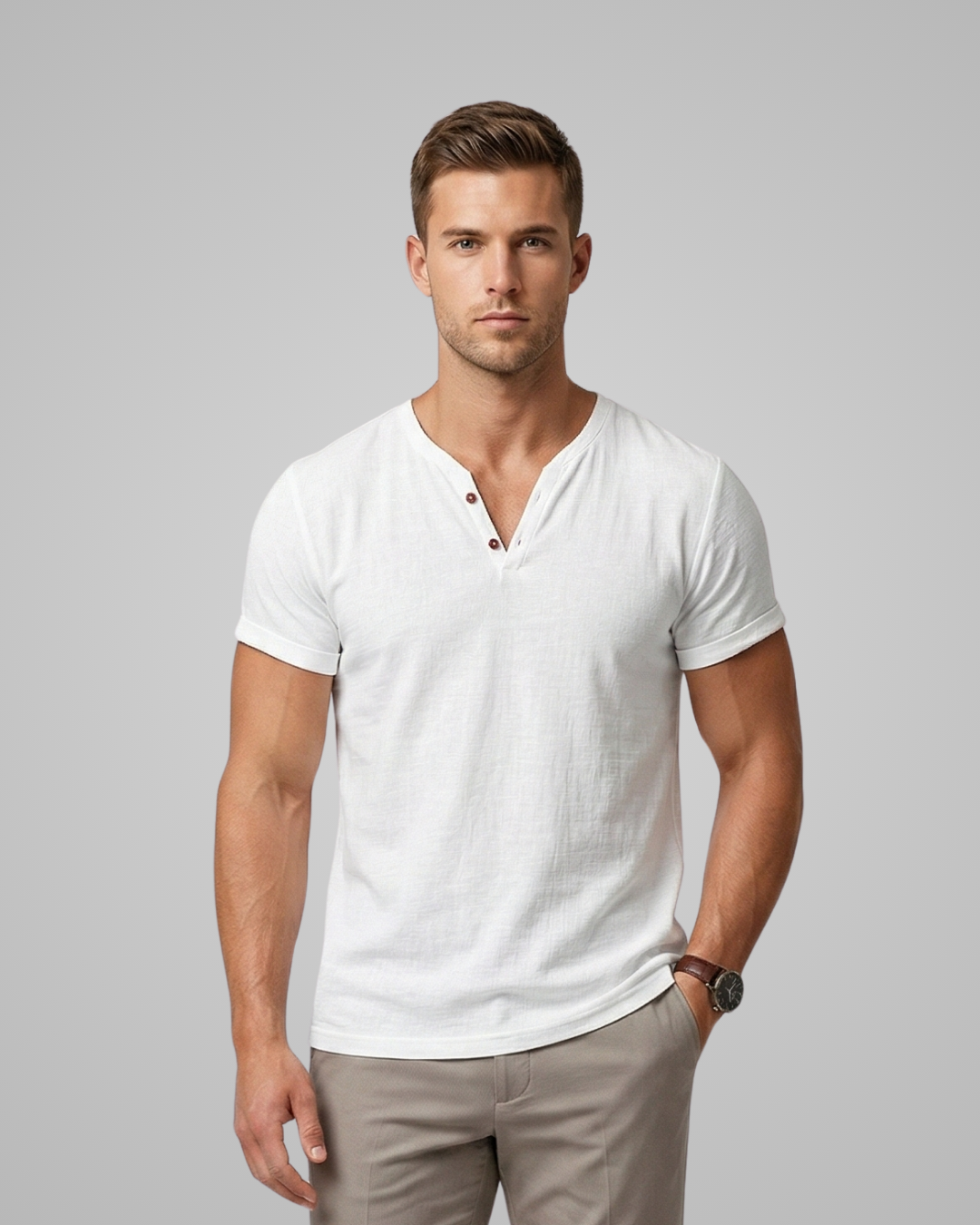 Man wearing a white V-neck shirt and beige pants against a gray background