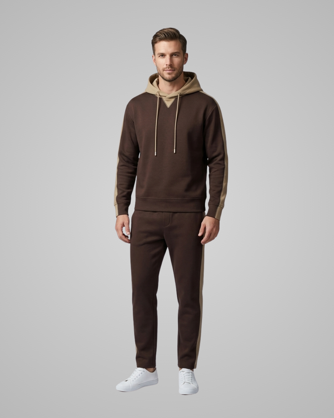 Men's Casual Hoodie Jogger Tracksuit Set in Brown