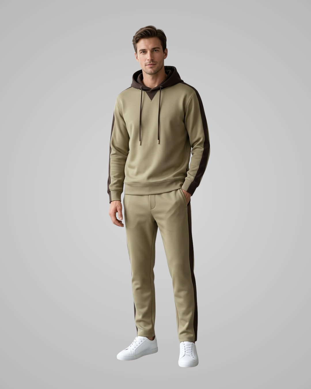 Men's Casual Hoodie Jogger Tracksuit Set in Khaki