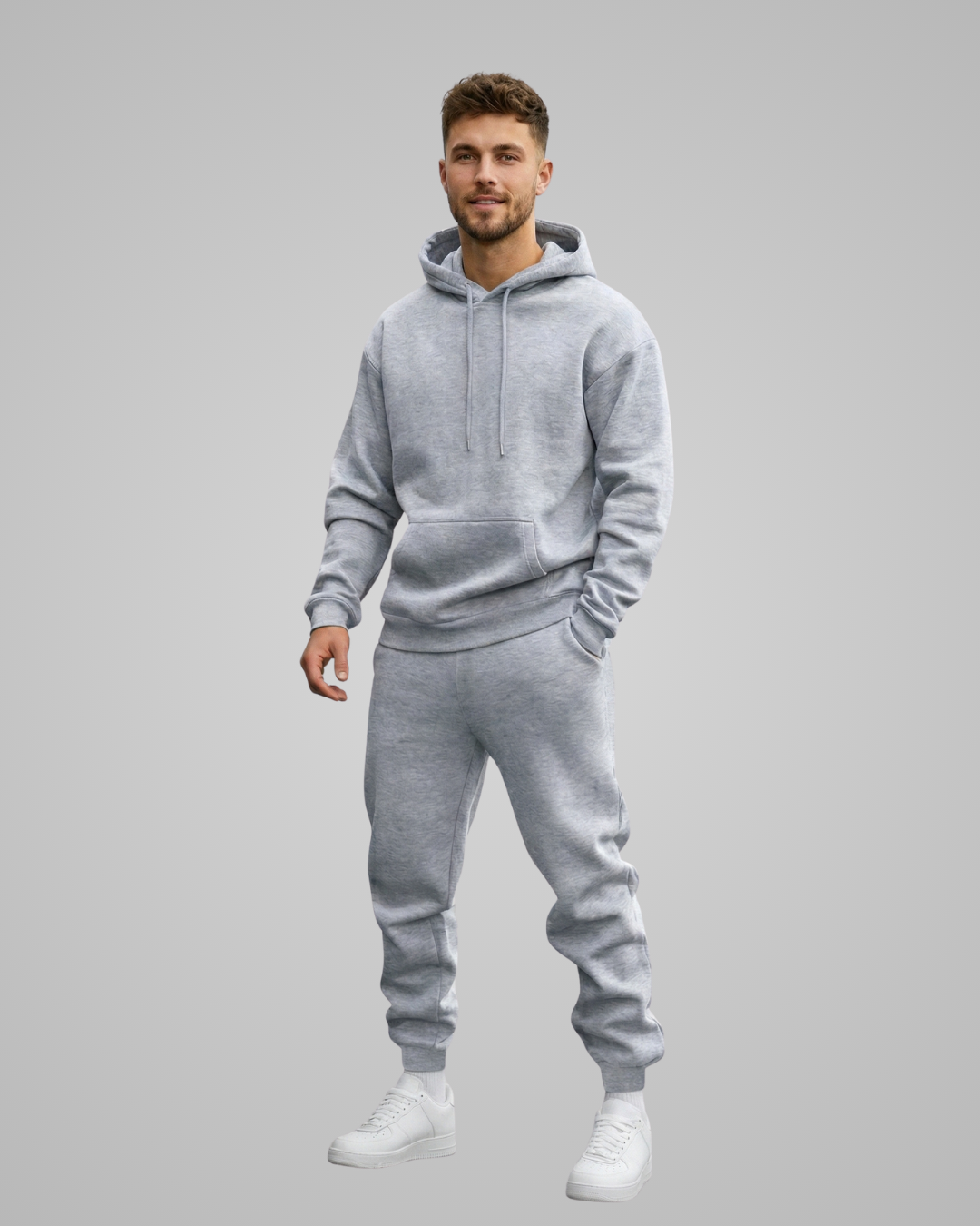 Man wearing a gray hoodie and jogger set on a gray background