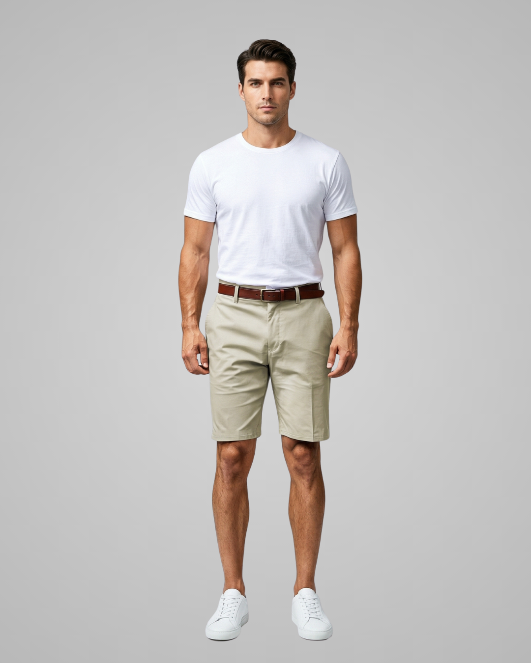 Man wearing a white t-shirt, beige shorts, and white sneakers on a gray background