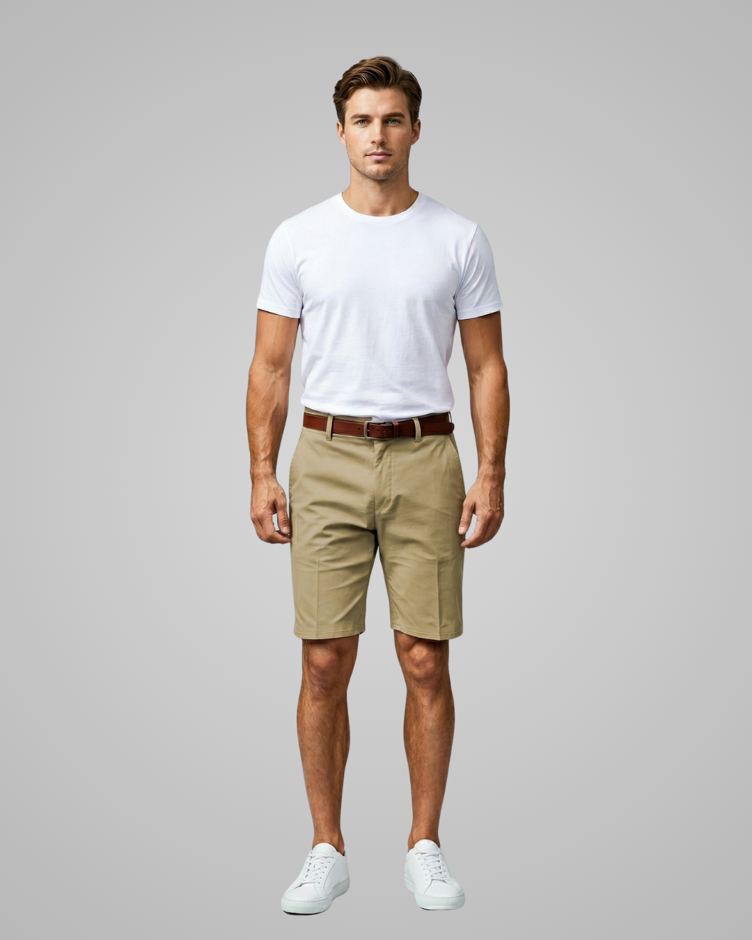Man wearing a white t-shirt, beige shorts, and white sneakers on a gray background