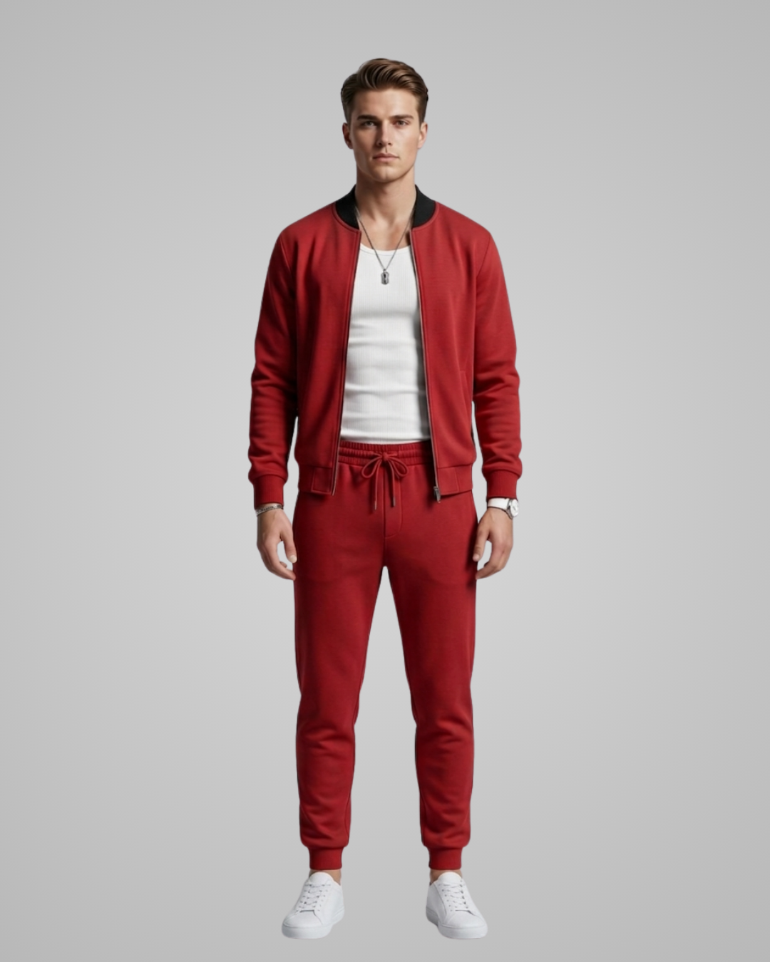 Man wearing a red tracksuit with a white shirt underneath on a gray background