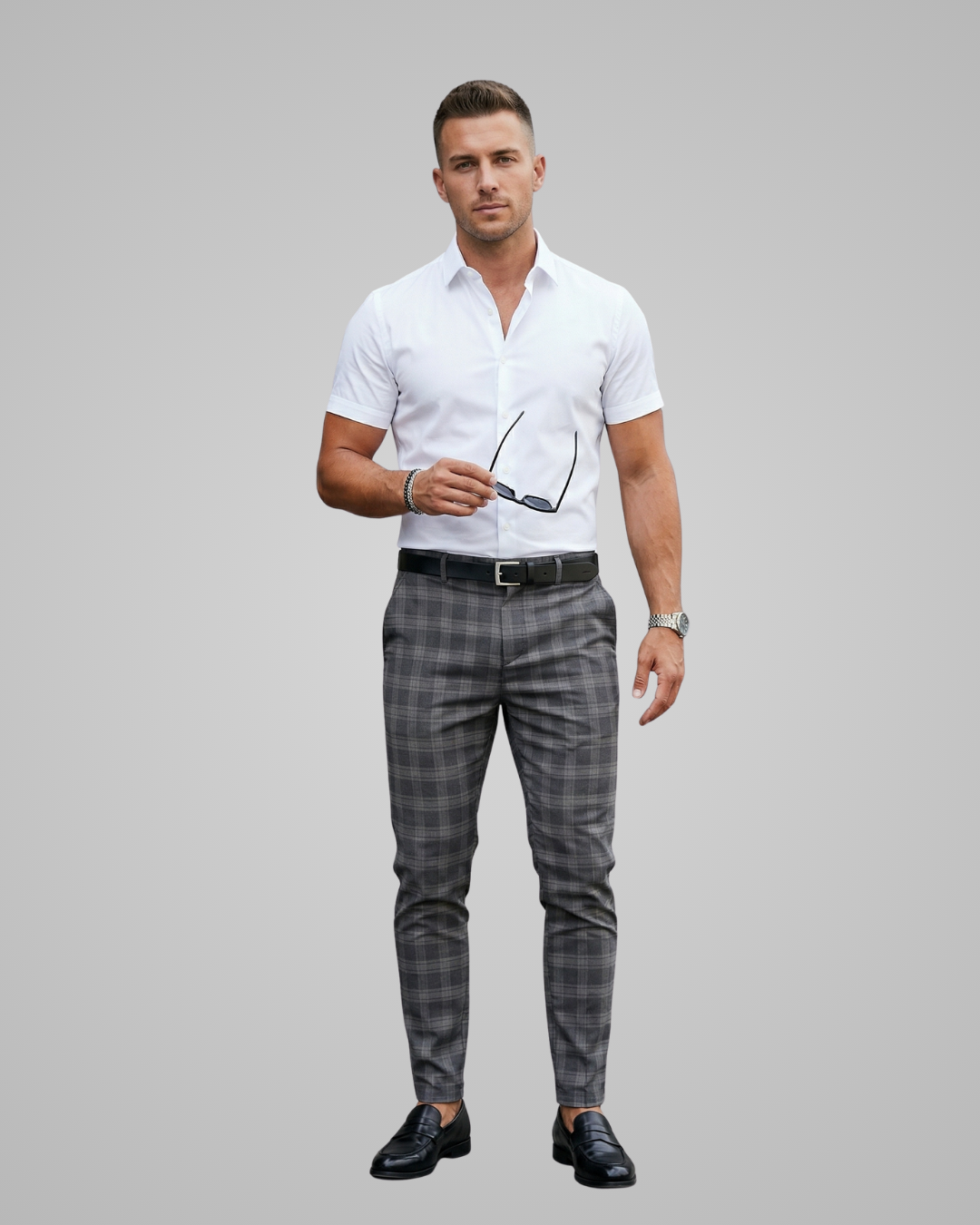 Man wearing a white shirt and gray checkered pants on a gray background
