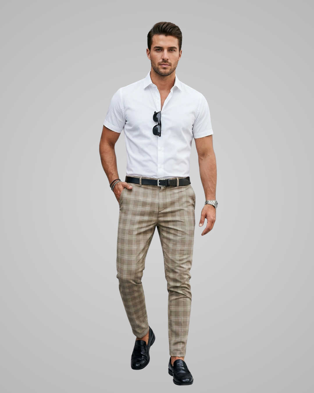 Man wearing a white shirt, plaid pants, and black shoes on a gray background